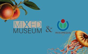 The Mixed Museum and Wikimedia UK logos, surrounded by images from Commons of a peach plant and Haeckel Discomedusae