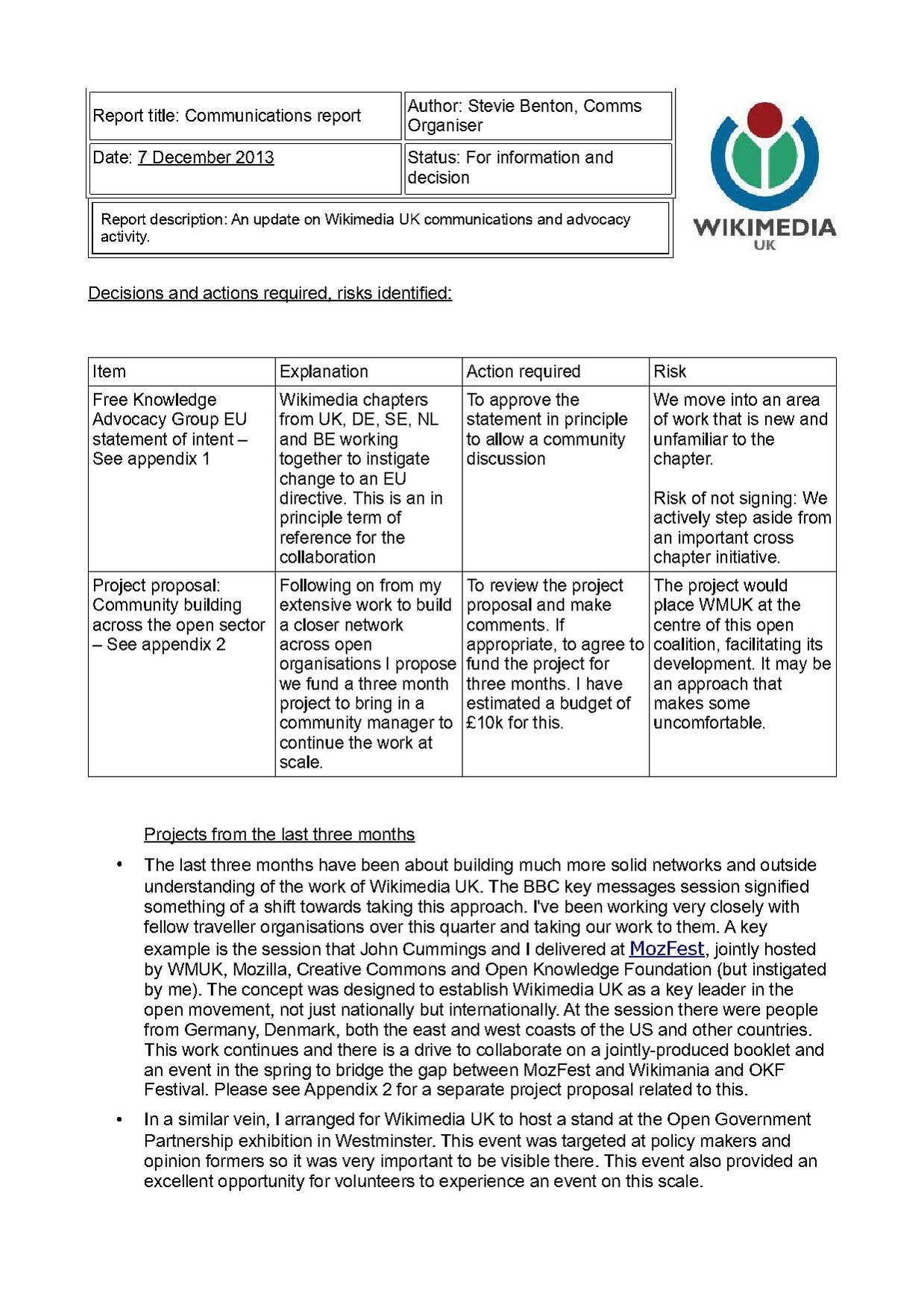 Communications Organiser report