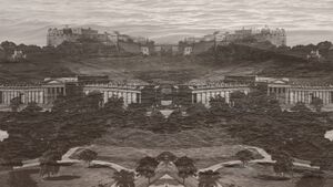 Mirrored image of the National Gallery of Scotland, Edinburgh and Edinburgh Castle on the hill in the background from the archive of Swedish Cultural Commons. Overlayed by the image Beach in Light Beige Tone by Diana Akhmetianova, accessed via Base Image. Artwork by Tanatsei Gambura.