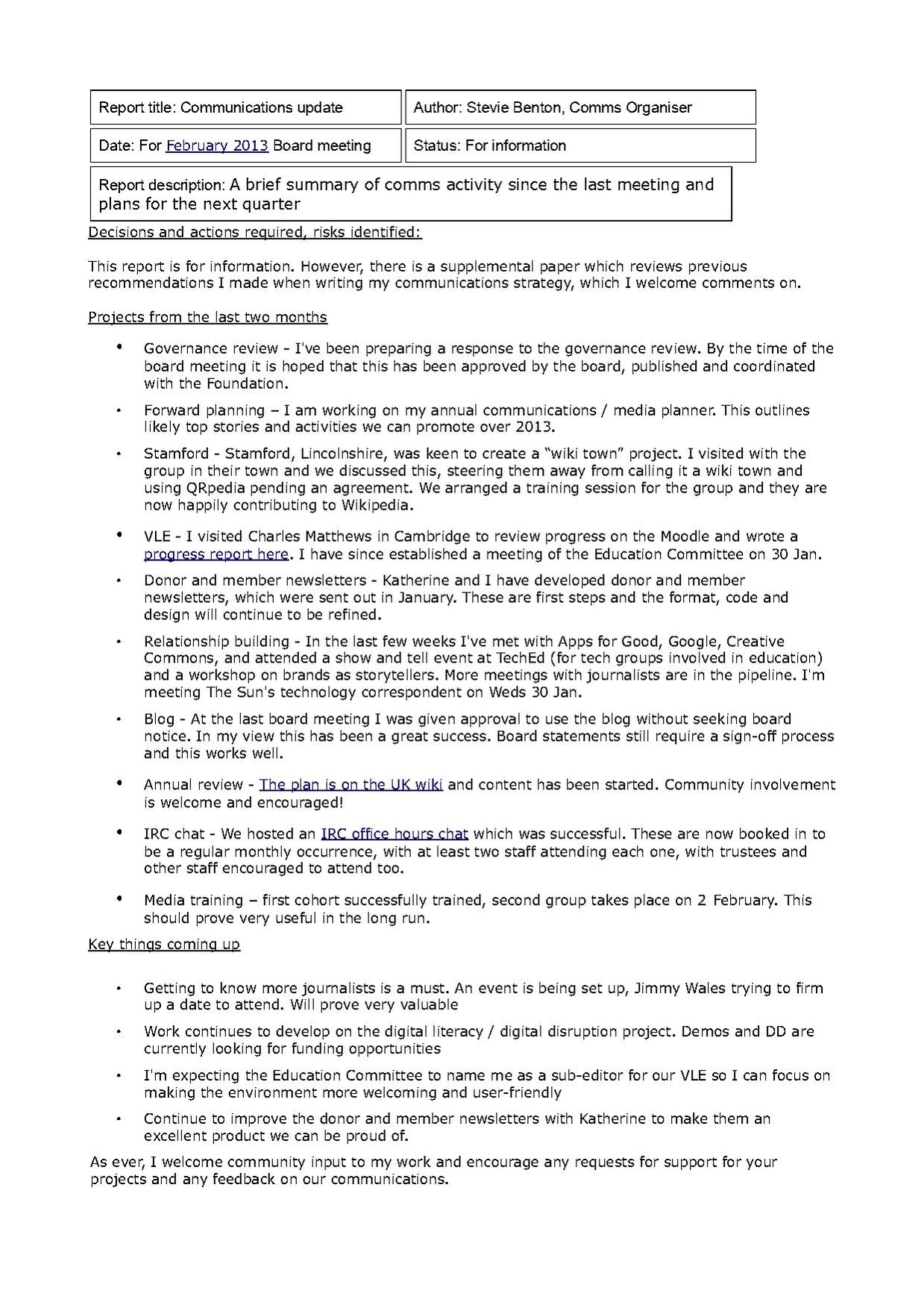 Comms report, including supplement on previous recommendations