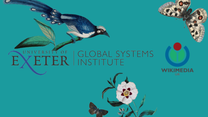 Logos of uni of Exeter, GSI and Wikimedia UK surrounded by birds, flowers and butterflies