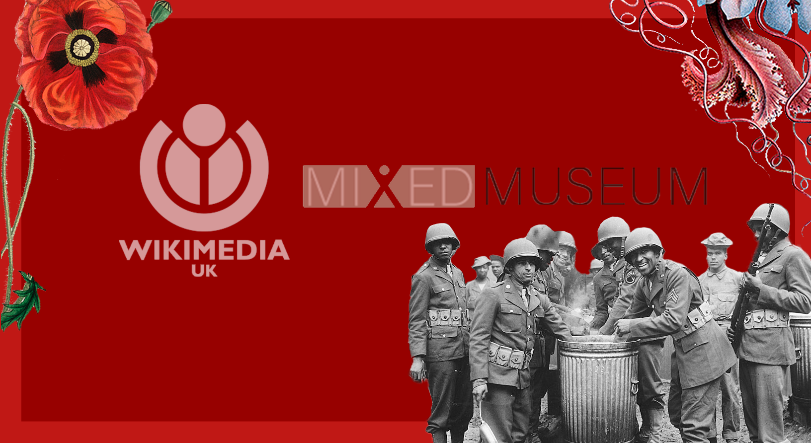 Wikimedia UK and The Mixed Museum logos surrounded by an image from the museum of black GIs WW2 stationed in Ireland, and Illustration from Medical Botany, and Haeckel Discomedusae 8 cleanup