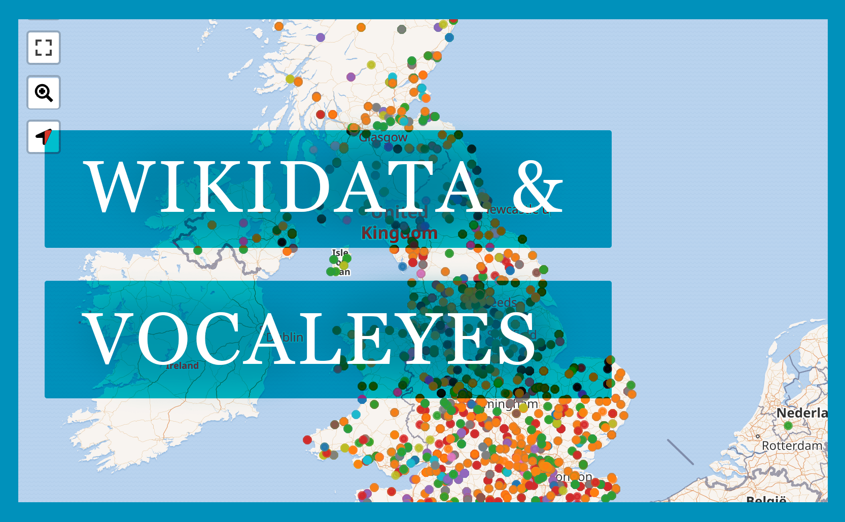 Screenshot of the VocalEyes Wikidata entries, with text saying Wikidata & VocalEyes overlaid.