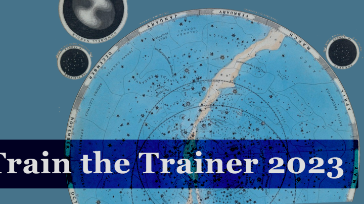 Train the trainer 2023 text over an image of a star chart on a blue background