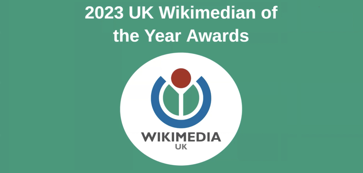 White text reading: 2023 UK Wikimedian of the Year Awards, with Wikimedia UK's logo beneath on a green background
