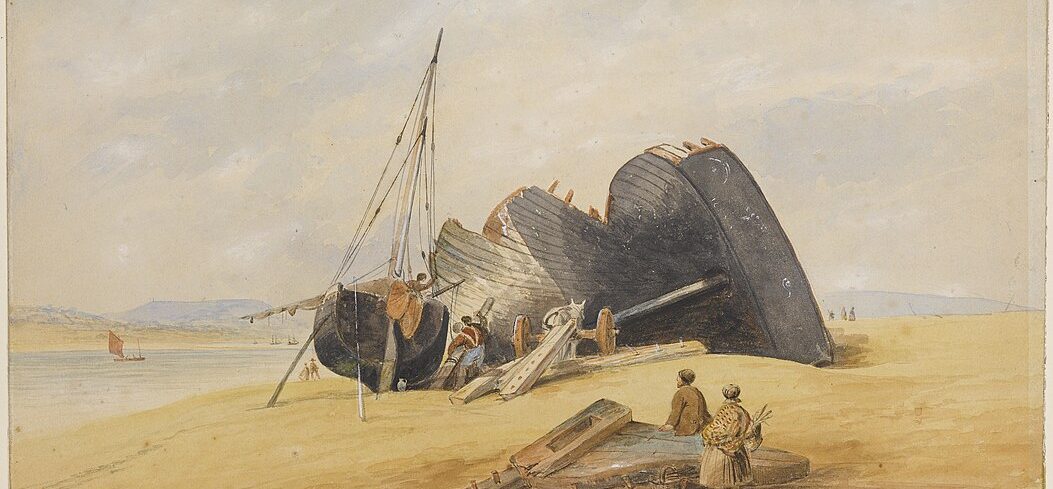 A watercolour painting of a shipwreck being salvaged for parts on a sandy beach.