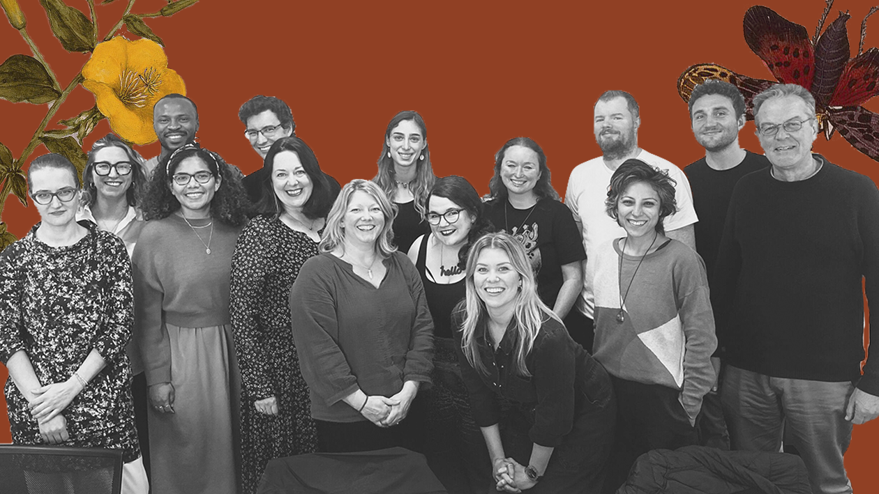 Black and white the Wikimedia UK staff, with Commons images in the background of a yellow evening primrose and a butterfly.