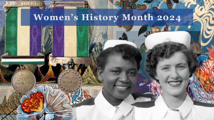 Collage of images featuring a photograph of nurses and the hunger strike medal.