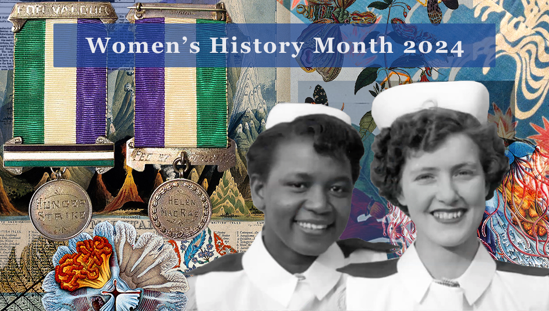 Collage of images featuring a photograph of nurses and the hunger strike medal.